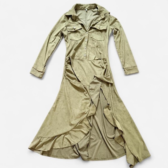 Khaki green velvet button up dress with ruffle hem whimsygoth size small - Picture 7 of 8